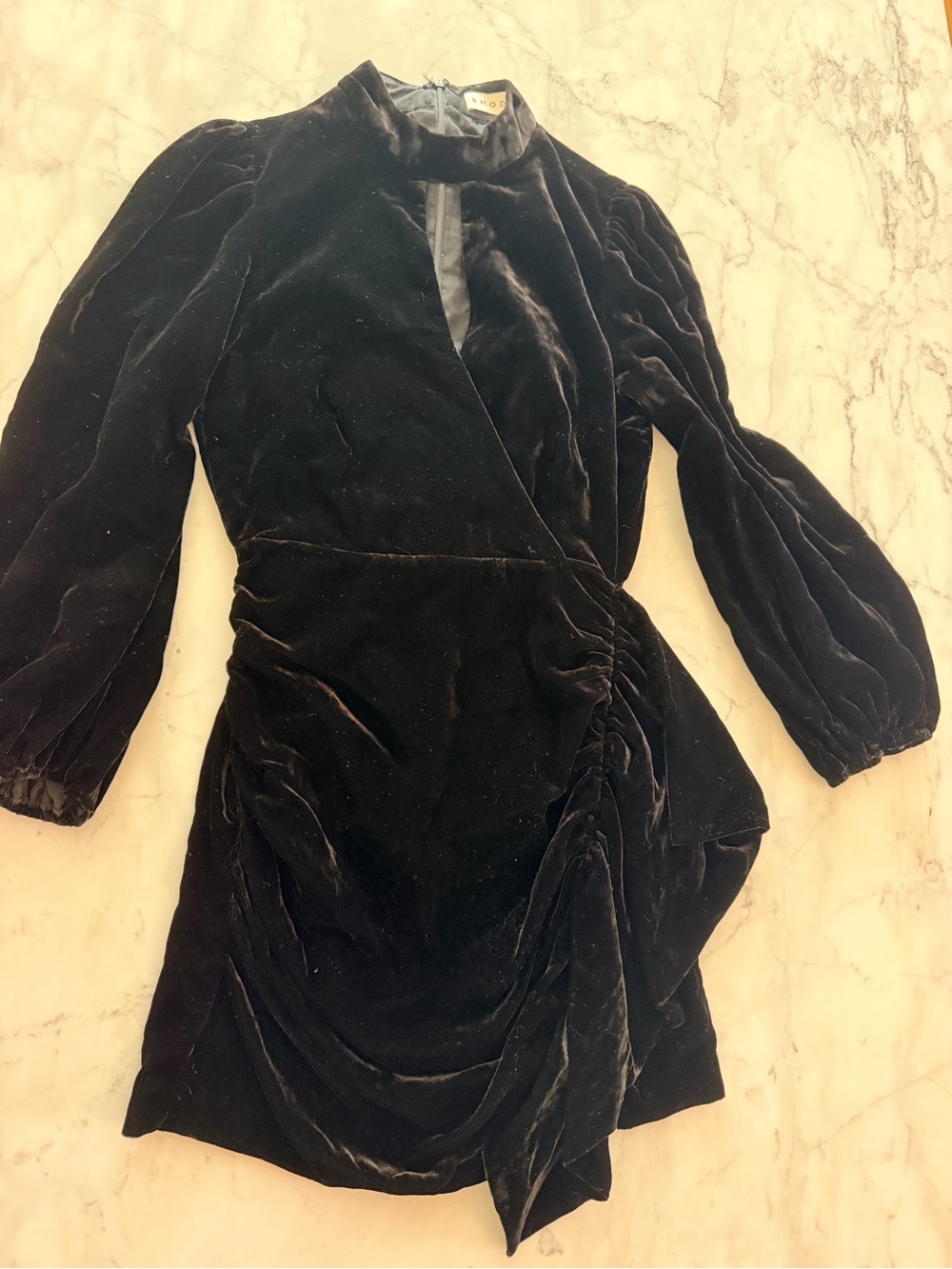 RHODE Black Velvet Long-Sleeve Keyhole Wrap Mini Dress - Picture 4 of 6